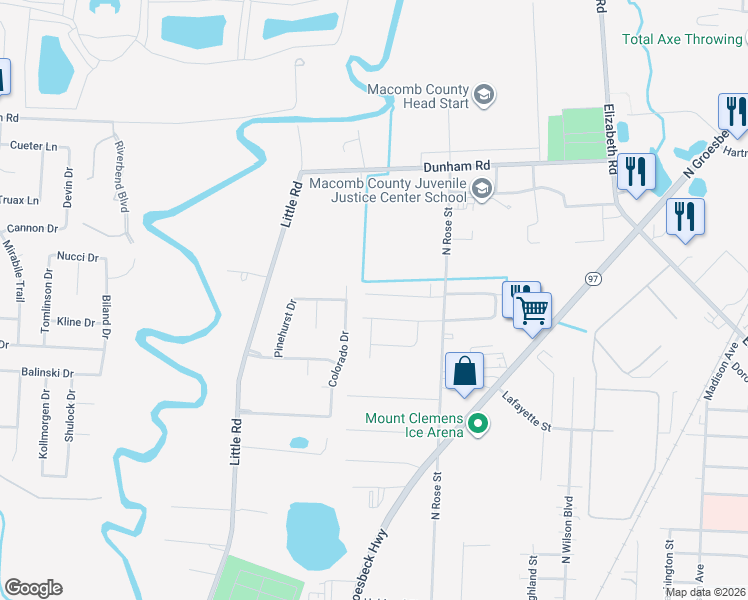 map of restaurants, bars, coffee shops, grocery stores, and more near 81 Rosebud Lane in Mount Clemens