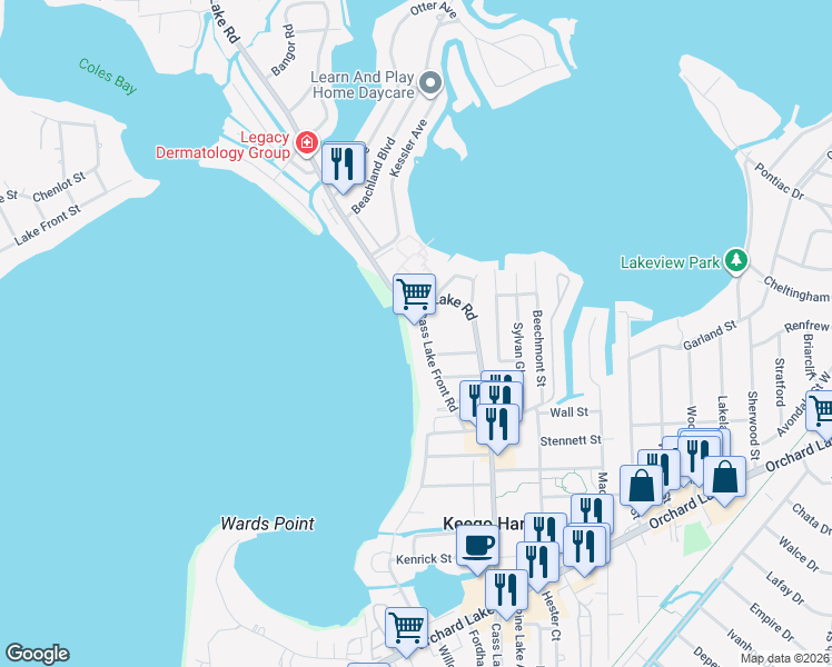 map of restaurants, bars, coffee shops, grocery stores, and more near 1762 Cass Lake Front Road in Keego Harbor
