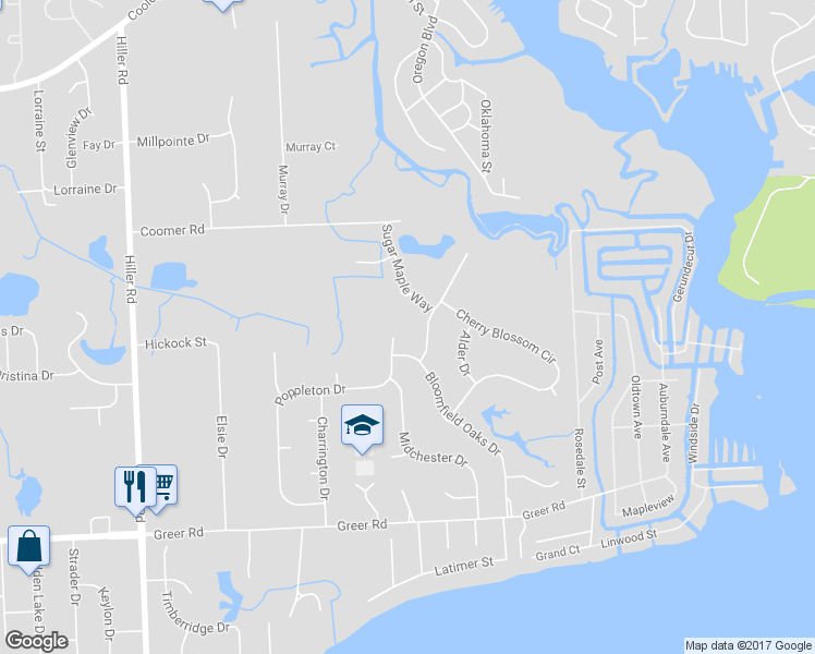 map of restaurants, bars, coffee shops, grocery stores, and more near 1690 Poppleton Drive in West Bloomfield Township