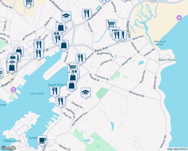map of restaurants, bars, coffee shops, grocery stores, and more near 5 Traverse Street in Gloucester