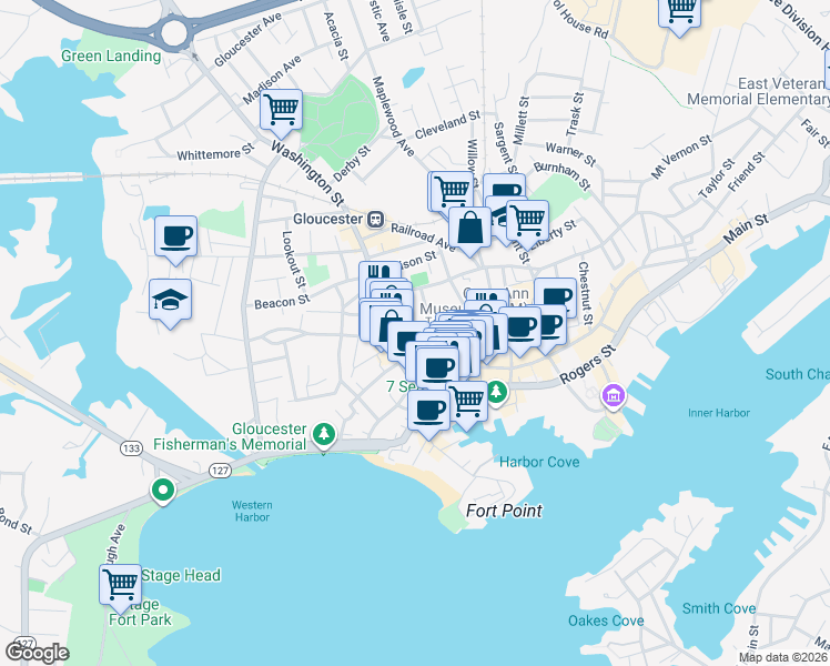 map of restaurants, bars, coffee shops, grocery stores, and more near 25 Pine Street in Gloucester