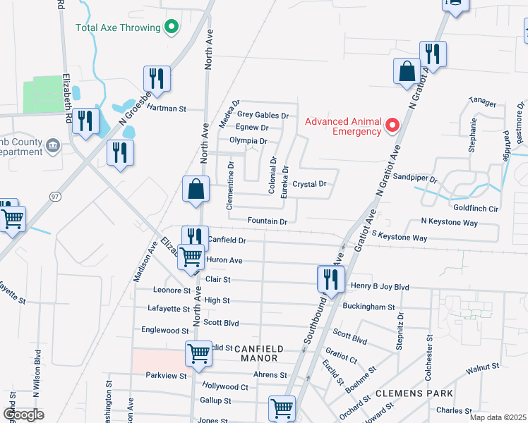 map of restaurants, bars, coffee shops, grocery stores, and more near 43396 Eureka Drive in Clinton Township