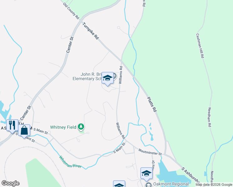 map of restaurants, bars, coffee shops, grocery stores, and more near 106 Williams Road in Ashburnham