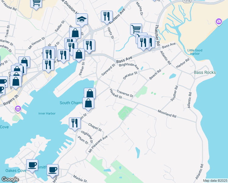 map of restaurants, bars, coffee shops, grocery stores, and more near 5 Traverse Street in Gloucester