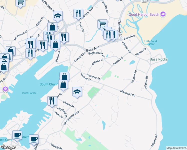 map of restaurants, bars, coffee shops, grocery stores, and more near 20 Traverse Street in Gloucester