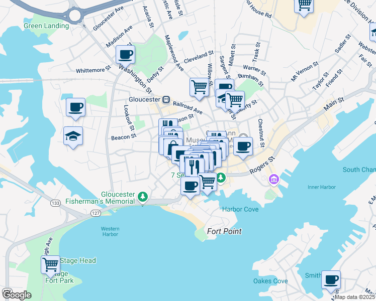 map of restaurants, bars, coffee shops, grocery stores, and more near 25 Pine Street in Gloucester