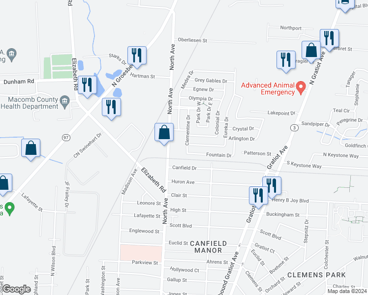map of restaurants, bars, coffee shops, grocery stores, and more near 43307 Clementine Drive in Clinton Township