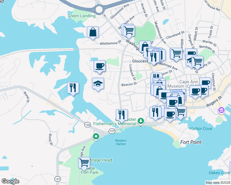 map of restaurants, bars, coffee shops, grocery stores, and more near 29 Blynman Avenue in Gloucester