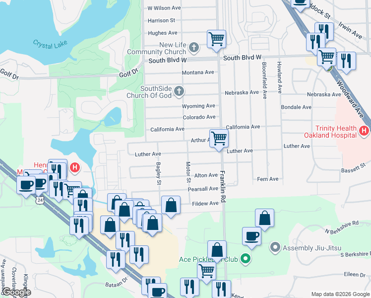 map of restaurants, bars, coffee shops, grocery stores, and more near 504 Luther Avenue in Pontiac