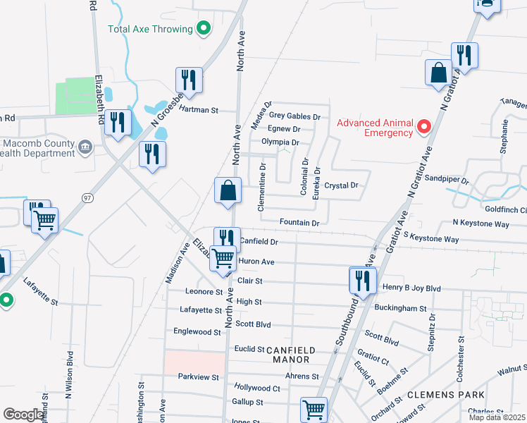 map of restaurants, bars, coffee shops, grocery stores, and more near 43312 Eureka Drive in Macomb County