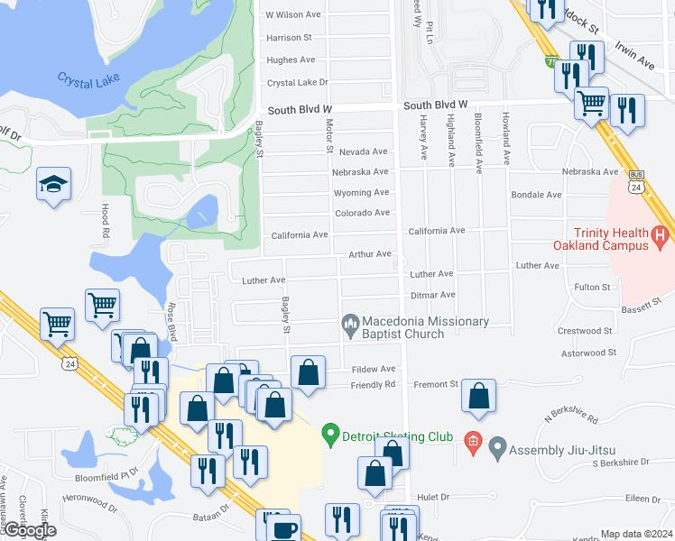 map of restaurants, bars, coffee shops, grocery stores, and more near 524 Luther Avenue in Pontiac