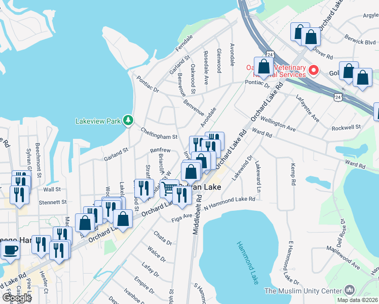 map of restaurants, bars, coffee shops, grocery stores, and more near 2261 Avondale Street West in Sylvan Lake