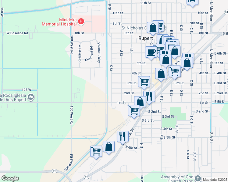 map of restaurants, bars, coffee shops, grocery stores, and more near 1024 2nd Street in Rupert