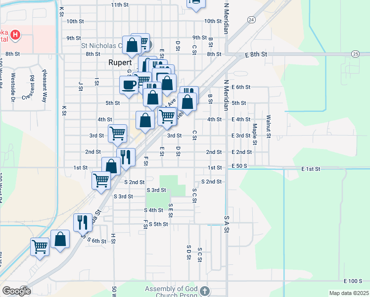map of restaurants, bars, coffee shops, grocery stores, and more near 314 East 2nd Street in Rupert