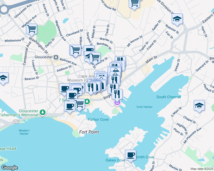 map of restaurants, bars, coffee shops, grocery stores, and more near 5 Elm Street in Gloucester