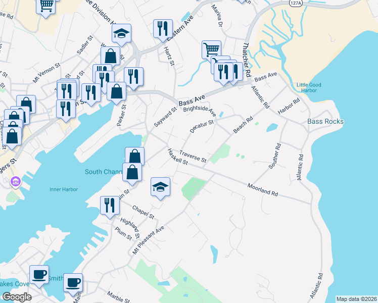 map of restaurants, bars, coffee shops, grocery stores, and more near 20 Traverse Street in Gloucester