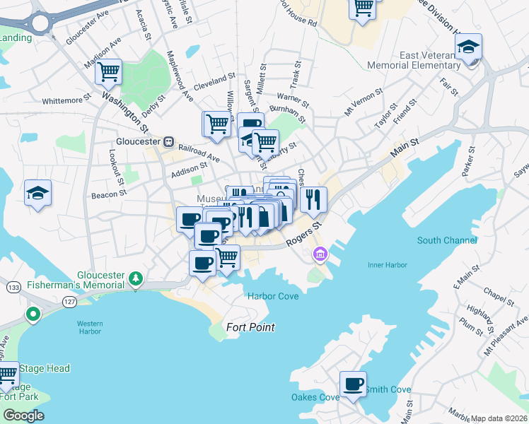 map of restaurants, bars, coffee shops, grocery stores, and more near 20 Pleasant Street in Gloucester