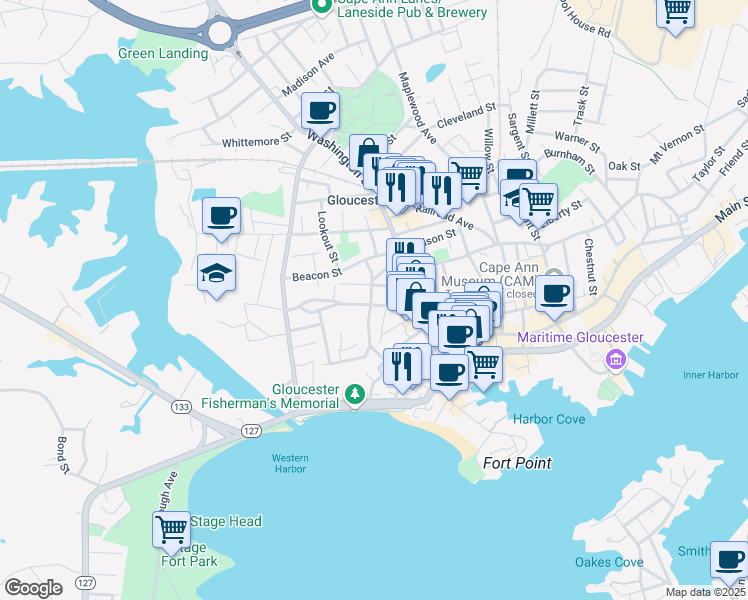 map of restaurants, bars, coffee shops, grocery stores, and more near 23 Granite Street in Gloucester