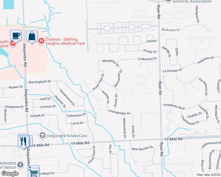 map of restaurants, bars, coffee shops, grocery stores, and more near 3234 Lake Forest Dr in Sterling Heights