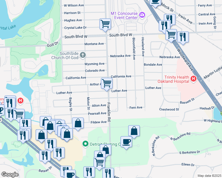 map of restaurants, bars, coffee shops, grocery stores, and more near 567 Franklin Road in Pontiac