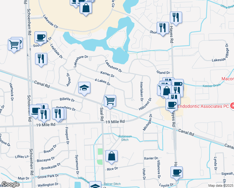 map of restaurants, bars, coffee shops, grocery stores, and more near 14536 4 Lakes Drive in Sterling Heights