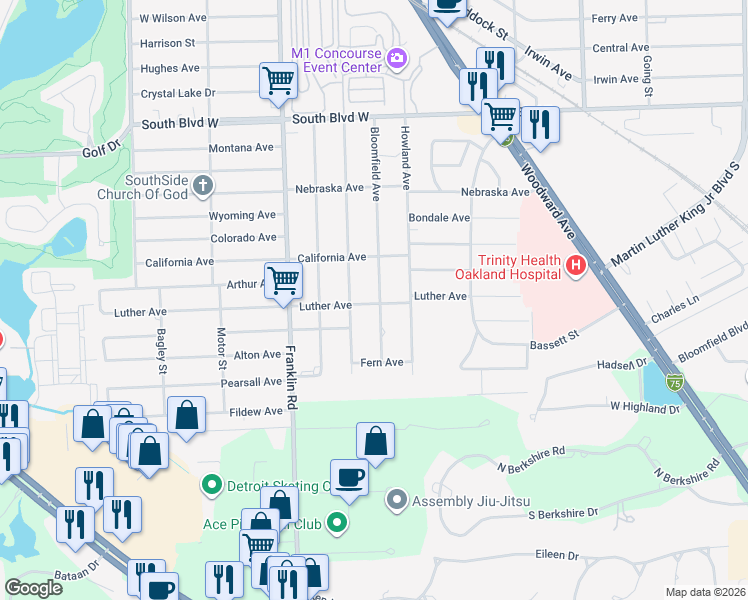 map of restaurants, bars, coffee shops, grocery stores, and more near 576 Bloomfield Avenue in Pontiac