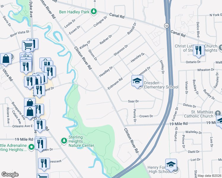 map of restaurants, bars, coffee shops, grocery stores, and more near 11030 Erdmann Road in Sterling Heights
