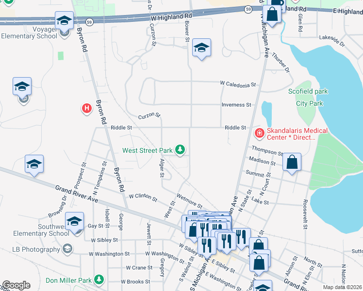 map of restaurants, bars, coffee shops, grocery stores, and more near 516 Factory Street in Howell