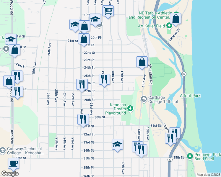 map of restaurants, bars, coffee shops, grocery stores, and more near 1726 27th Street in Kenosha