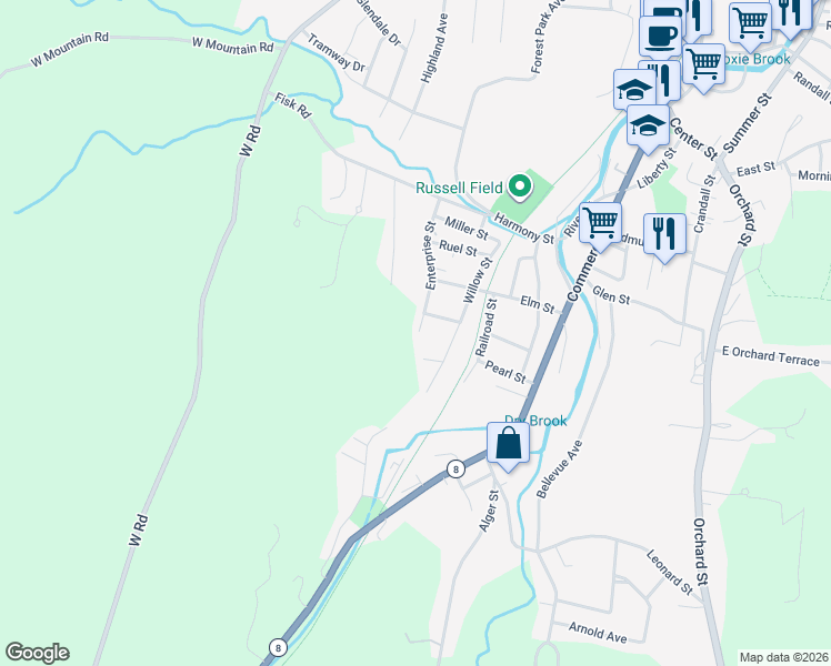 map of restaurants, bars, coffee shops, grocery stores, and more near 45 Enterprise Street in Adams