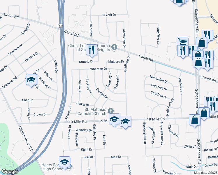 map of restaurants, bars, coffee shops, grocery stores, and more near 12211 Averill Drive in Sterling Heights