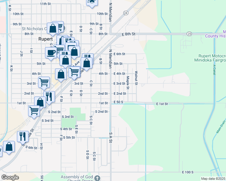 map of restaurants, bars, coffee shops, grocery stores, and more near 203 Linden Street in Rupert