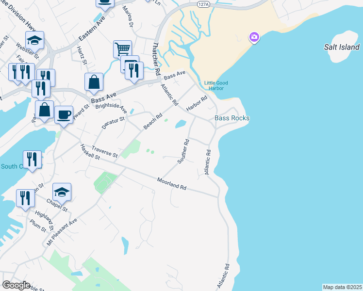 map of restaurants, bars, coffee shops, grocery stores, and more near 25 Brier Road in Gloucester