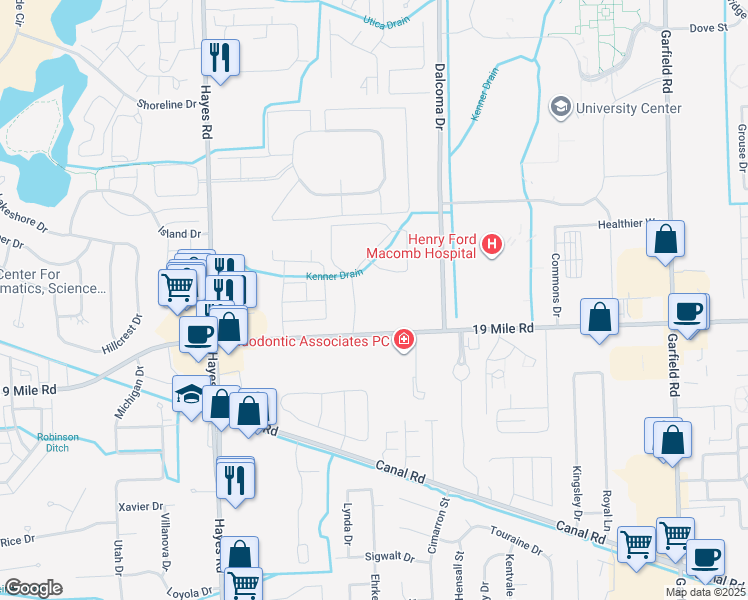 map of restaurants, bars, coffee shops, grocery stores, and more near 43129 Carlyle Place in Clinton Township