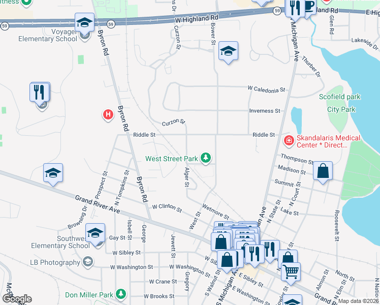 map of restaurants, bars, coffee shops, grocery stores, and more near 803 Alger Street in Howell