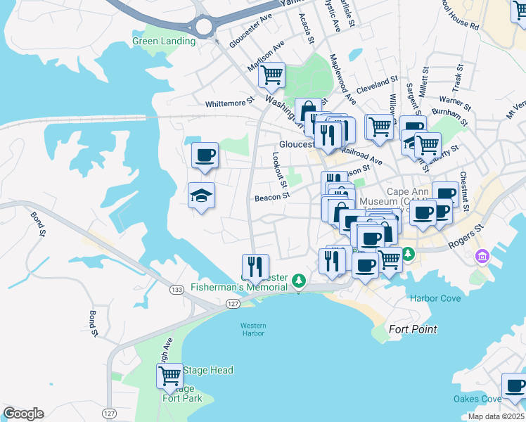 map of restaurants, bars, coffee shops, grocery stores, and more near 15 Blynman Avenue in Gloucester