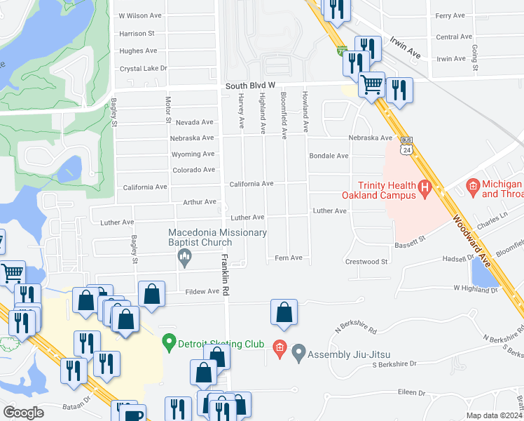 map of restaurants, bars, coffee shops, grocery stores, and more near 570 Highland Avenue in Pontiac