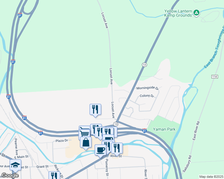 map of restaurants, bars, coffee shops, grocery stores, and more near 45 Locust Avenue in Cortland
