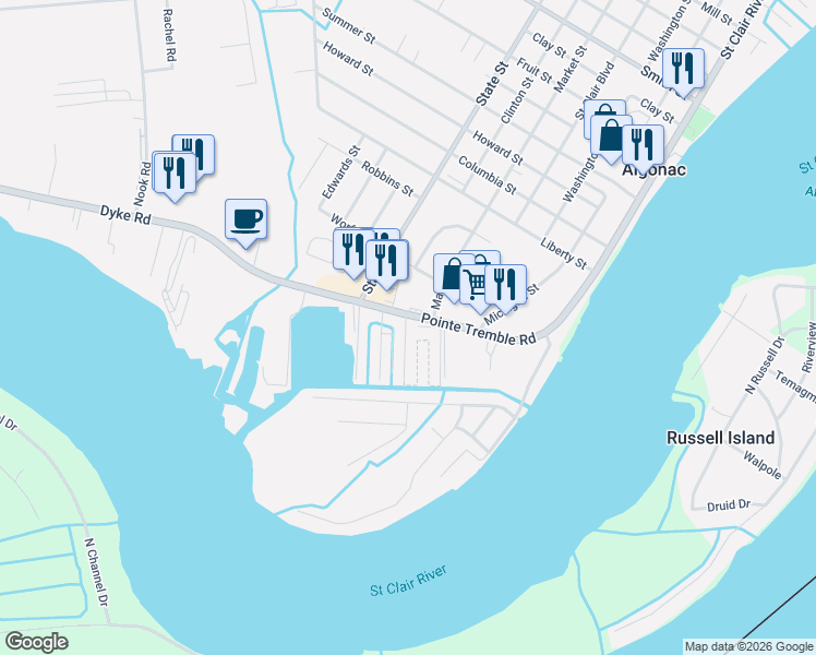 map of restaurants, bars, coffee shops, grocery stores, and more near 140 Kenyon Road in Algonac
