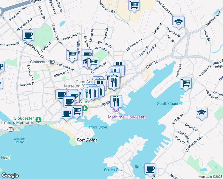 map of restaurants, bars, coffee shops, grocery stores, and more near 208 Main Street in Gloucester