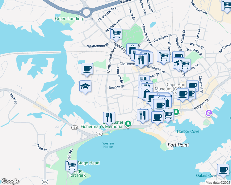 map of restaurants, bars, coffee shops, grocery stores, and more near 15 Blynman Avenue in Gloucester
