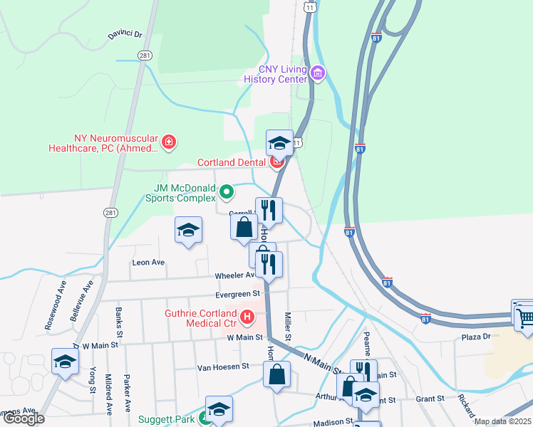 map of restaurants, bars, coffee shops, grocery stores, and more near 4263 U.S. 11 in Cortland