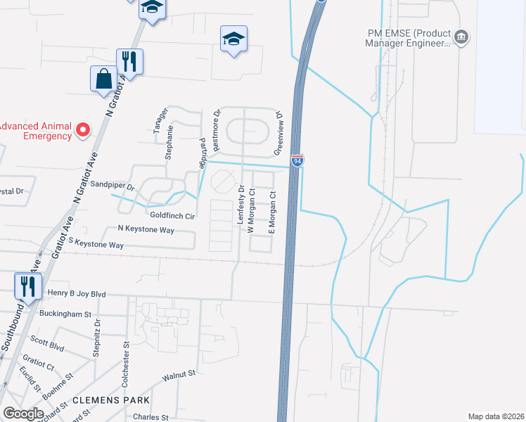 map of restaurants, bars, coffee shops, grocery stores, and more near 24855 Bradford Drive in Harrison charter Township