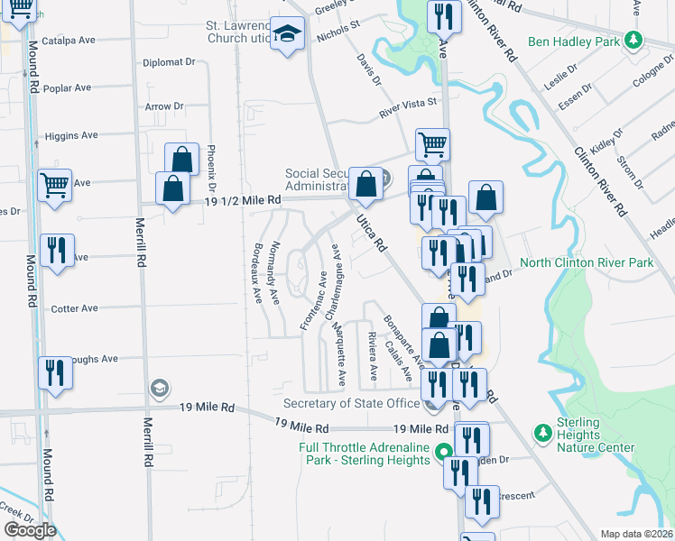 map of restaurants, bars, coffee shops, grocery stores, and more near 43300-43598 Charlemagne Avenue in Sterling Heights