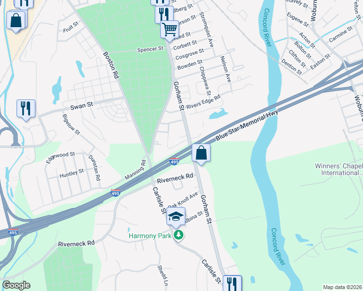 map of restaurants, bars, coffee shops, grocery stores, and more near 7 Gorham Street in Chelmsford