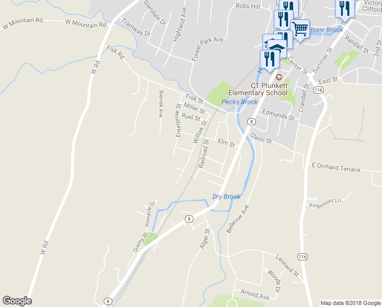 map of restaurants, bars, coffee shops, grocery stores, and more near 33 Willow Street in Adams