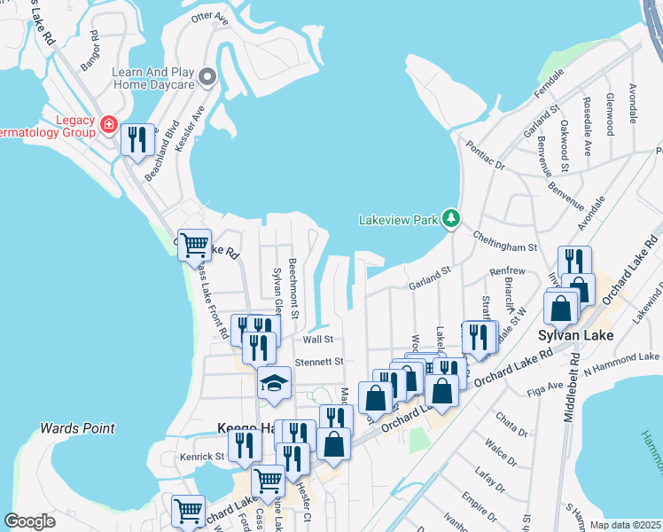 map of restaurants, bars, coffee shops, grocery stores, and more near 1649 Maddy Lane in Keego Harbor