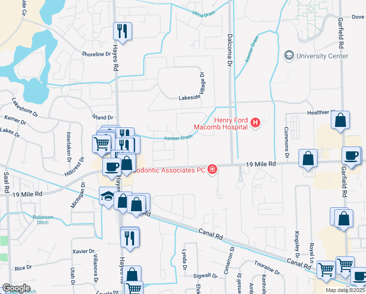 map of restaurants, bars, coffee shops, grocery stores, and more near 43129 Carlyle Place in Clinton Township