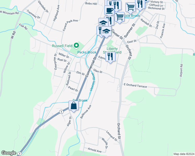 map of restaurants, bars, coffee shops, grocery stores, and more near 15 Bellevue Avenue in Adams