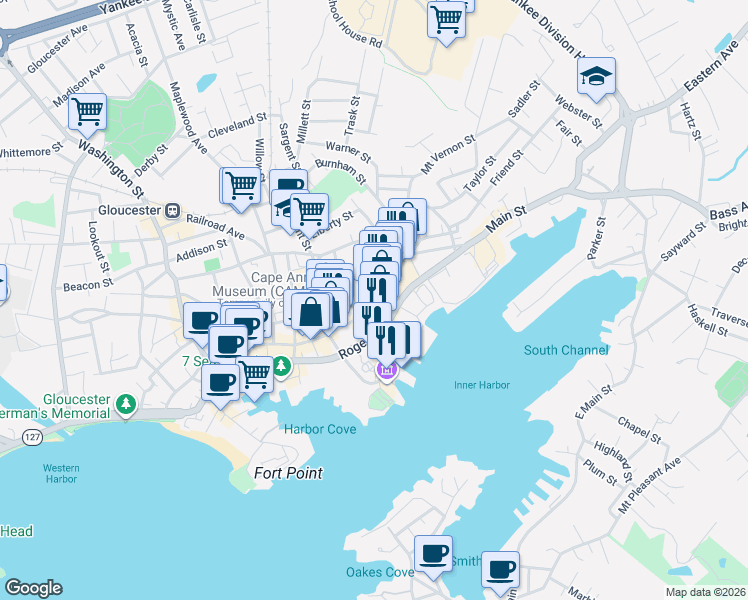 map of restaurants, bars, coffee shops, grocery stores, and more near in Gloucester